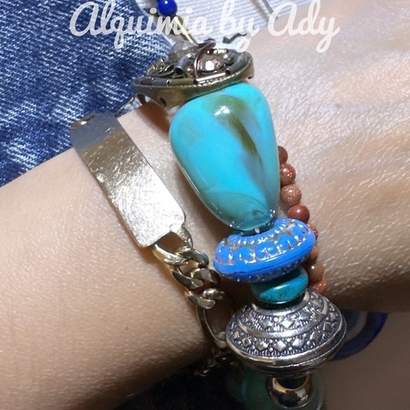 Turquoise and brass maximalist chunky cowgirl cuff adjustable bracelet/Western - Picture 5 of 10